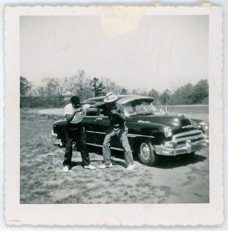 Vintage Snapshot African American Black Gents Sparring by 1951 Chevy Styleline