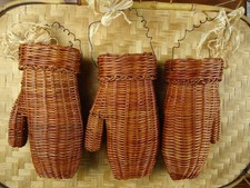 3 Rattan Mitten Basket Decorations Wire Handle Winter Holiday Rustic Farm