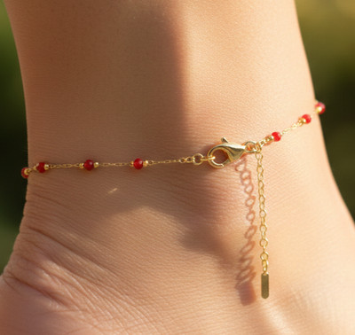 Elegant Gold Color Beaded Anklet Minimalist Red Ruby Style Stone Designer Brass