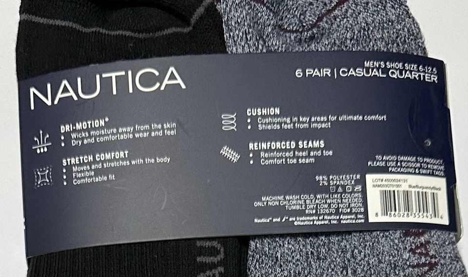 Nautica 6 pares de calcetines informales de corte cuarto para hombre gris/negro/borgoña Foto 4 de 4