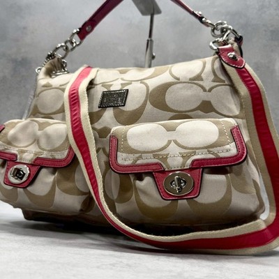 Coach 18350 Signature Poppy 2-Wege Schultertasche Drehverschluss Nylon Pink L...