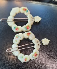 Ivory Multi-Color Floral Plastic Metal Hair Barrettes Heart Shaped vintage