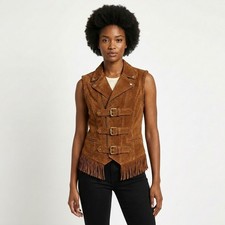 Brown Suede Leather Fringe Vest for Women Western Buckle Waistcoat