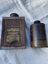 2 VINTAGE TINS DEVOE VARNISH, FIEBING’S NEATSFOOT OIL COMPOUND