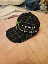 Monster Energy Supercross Black Flat Bill Fitted Baseball Cap Plaid Size SM/MD