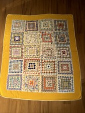 Vintage Sawtooth Squares Quilt 80x70  Yellow Border Handmade Cotton Rare