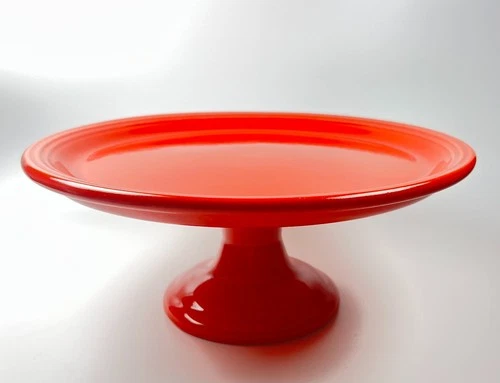 Bauer 2000 pottery ceramic cake stand pedestal plate orange circles lead free