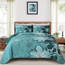 Floral Quilt Set Queen 3 Pieces Flower Quilt Queen 96" 90" Dark Green