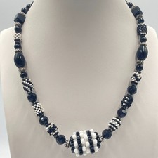 Vintage Black and White Woven Seed Bead Statement Necklace Retro Faceted Acrylic