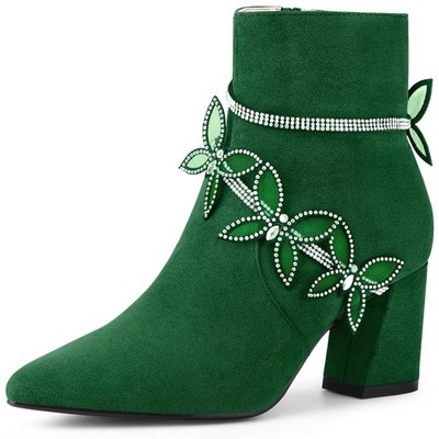 Perphy Butterfly Strap Chunky Heels Rhinestone Dark Green Boots for Women -... 
