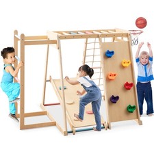 6-in-1 Jungle Gym w/Slide Rock Climbing Basketball Hoop Monkey Bar Rope Net