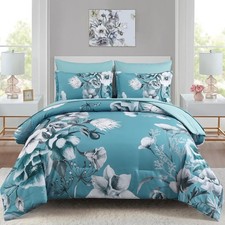 Floral Comforter Set Queen Size 7 Piece, Teal Blue Flower Bed in a Bag, Elegant