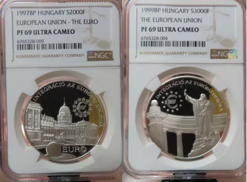 Hungary 1997  & 1999 European Union Silver 2000, 3000 Forint NGC PF69
