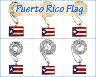 Puerto Rico Flag Pendant 18',20'',24'' Box, Cuban, Rope Chain Necklace XSP361