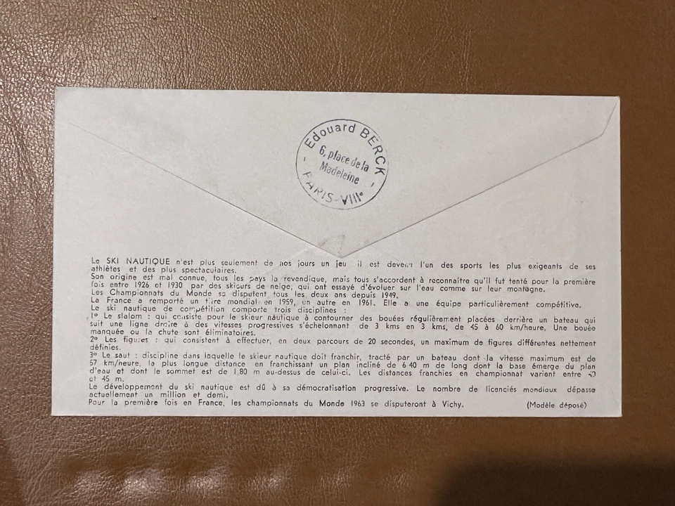 France 1963 FDC World Water Skiing Championships VICHY POSTMARK - Изображение 2 из 2