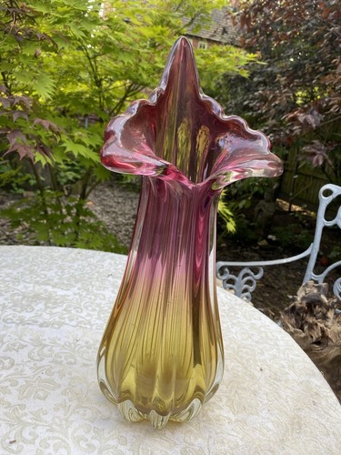 Mid Century Vibrant yellow pink art glass Chribska sommerso jack lily vase 2466g - Picture 4 of 9