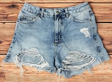 Topshop Mom Jean Shorts Sz 6 Light Blue Wash Extreme Distressed High Rise Torn