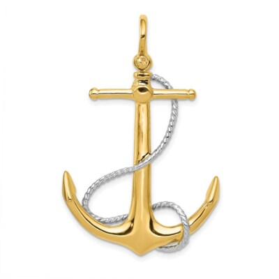 14k Gold Two-Tone 3-D Anchor With Rope Accent Charm Pendant 1.89''