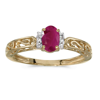 Ring 10 Karat Gelbgold ovaler Rubin und Diamant (CM-RM1689-07)