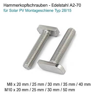 Hammerkopfschrauben M8 / M10 für Solar PV Montageschiene Typ 28/15 - Edelstahl