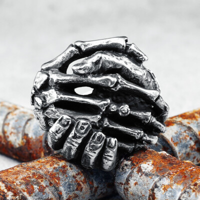 Human Skeleton Shake Hands Punk Ring Stainless Steel Living Dying Ring Size 7-13