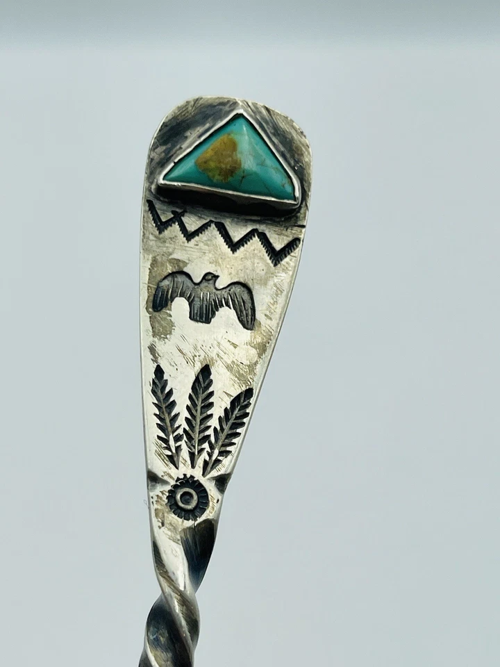Antigua cuchara navajo nativa americana de plata esterlina turquesa hecha a mano 9 3/8" Foto 3 de 4