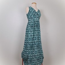Chaps 80s Geometric Tropical Evening Faux Wrap V Neck Jersey Blue Maxi Dress M