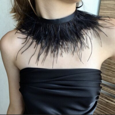 Stylish black choker necklace with unique ostrich feather pendant for women