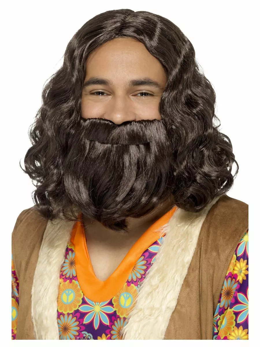 NEW Hippie Jesus Brown Wig Beard Set Smiffy s 60s 70s Fancy