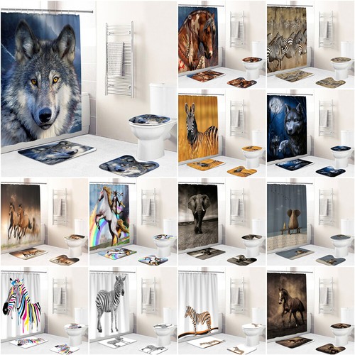 3D Wolf Shower Curtain Set Bathroom Rug Non-Slip Horse Bath Mat Toilet Lid Cover - Afbeelding 1 van 20