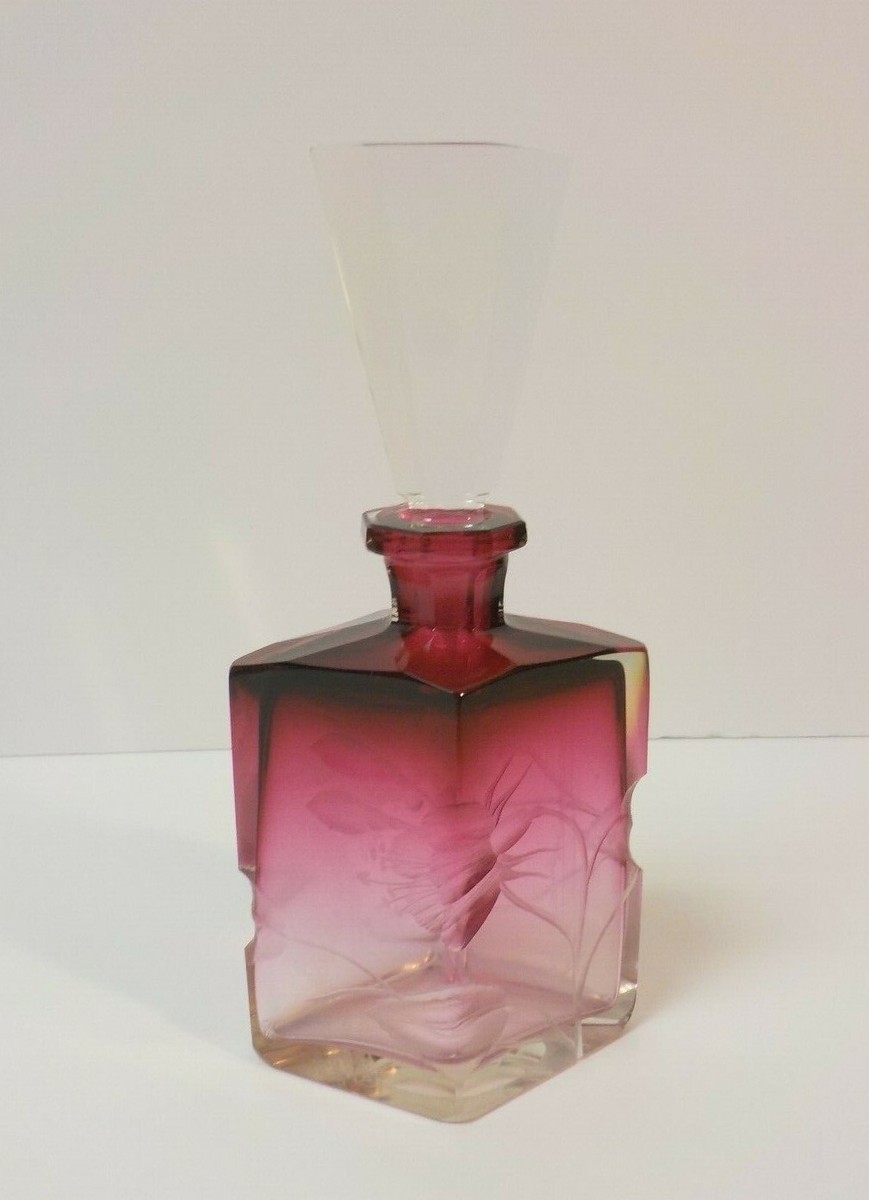 SIGNED Moser INTAGLIO Cut Art Glass Perfume Bottle, Ruby to Clear