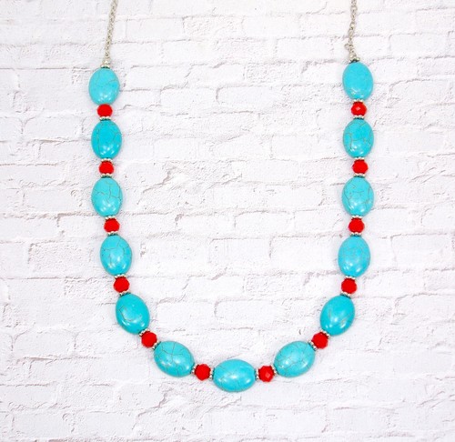 Turquoise stone and red glass bead necklace and earring set w/ oval shape stones - Picture 6 of 10