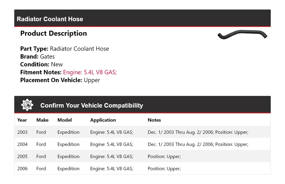 Manguera de refrigerante de radiador de gas V8 de 5,4 L para Ford Expedition 2003-2006 puertas superiores 2004 Foto 2 de 3