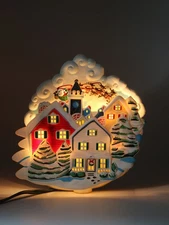 Vintage Christmas Tree Topper Flying Santa's Sleigh Over Town Lighted Motion