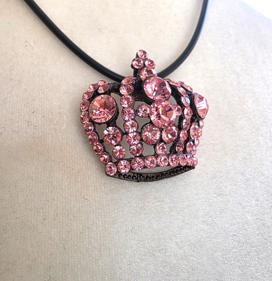 Pink Rhinestone Pendant CROWN TIARA Gun Metal Gray Princess Queen Diva Symbol