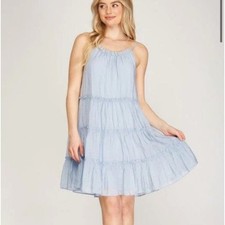 NWT She & Sky Pale Baby Blue Sleeveless Babydoll Tiered Ruffle Dress Medium
