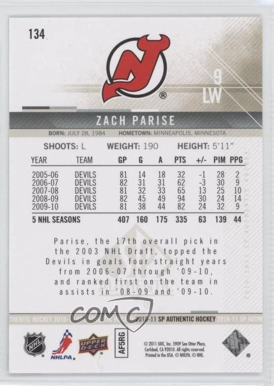 2010-11 SP Authentic Zach Parise #134 - Image 2 of 2