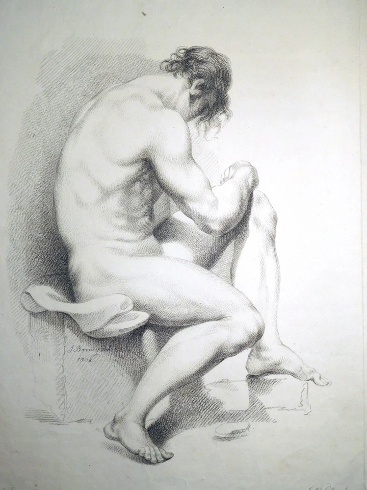 Punktierstich, Männlicher Akt, J. Barney/ J. Whessel, 1803, Zeichenschule - Bild 3 von 4