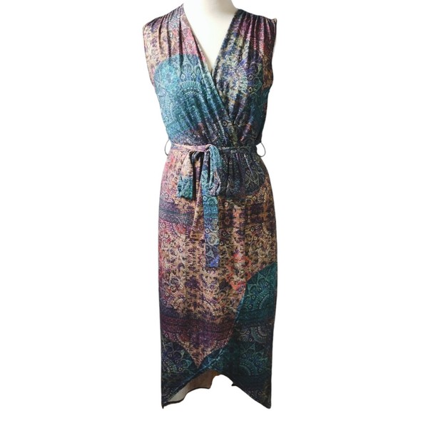 Boho Bird Size 8 Mandala Print Dress Sleeveless Faux Wrap Belt Stretch Gypsy