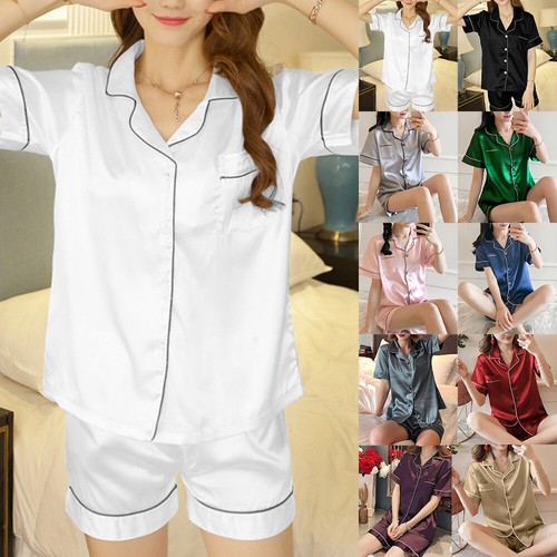 Womens Satin Silk Pajamas Nighty Short Sleeve Shirts Shorts PJs Set Loungewear
