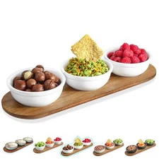 12 oz Solid Ceramic Chip and Dip Serving Set with Acacia Wooden Tray 5-inch W...