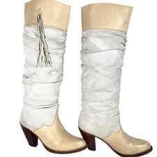 Vtg CIRCLE S Bone Suede Leather TALL Knee High Western Slouch HIPPIE BoHo Boots