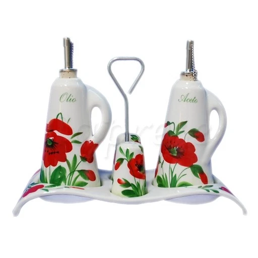 Bassano Ceramic Oil & Vinegar Bottles Spice Shakers 26 Cm Poppy Flowers New