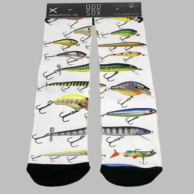 ODD SOX Crew Socks Men Fishing Lures Print White 