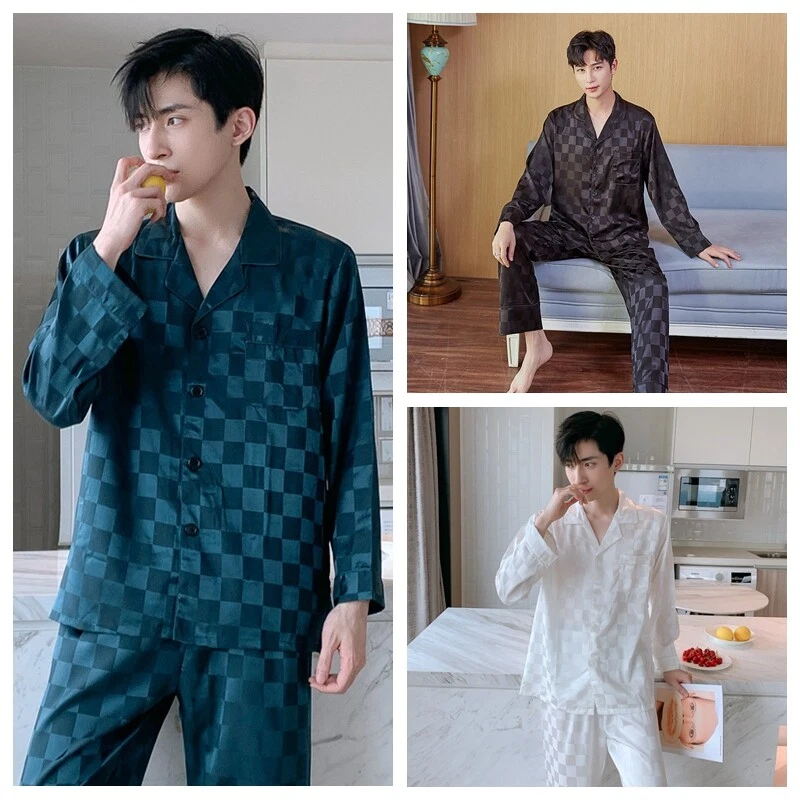 Check Men Satin Faux Silk Sleepwear Nightwear Pajamas Pants Tops