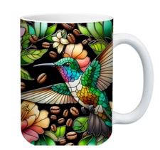 15oz CERAMIC COFFEE MUG, GIFT MUG , CUSTOM HUMMING BIRD COFFEE BEAN MUG