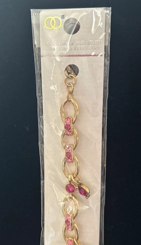 Bracelet Gold Tone Metal Heart W Deep Pink Rhinestones Heart Accents NIP 8” - Picture 4 of 10