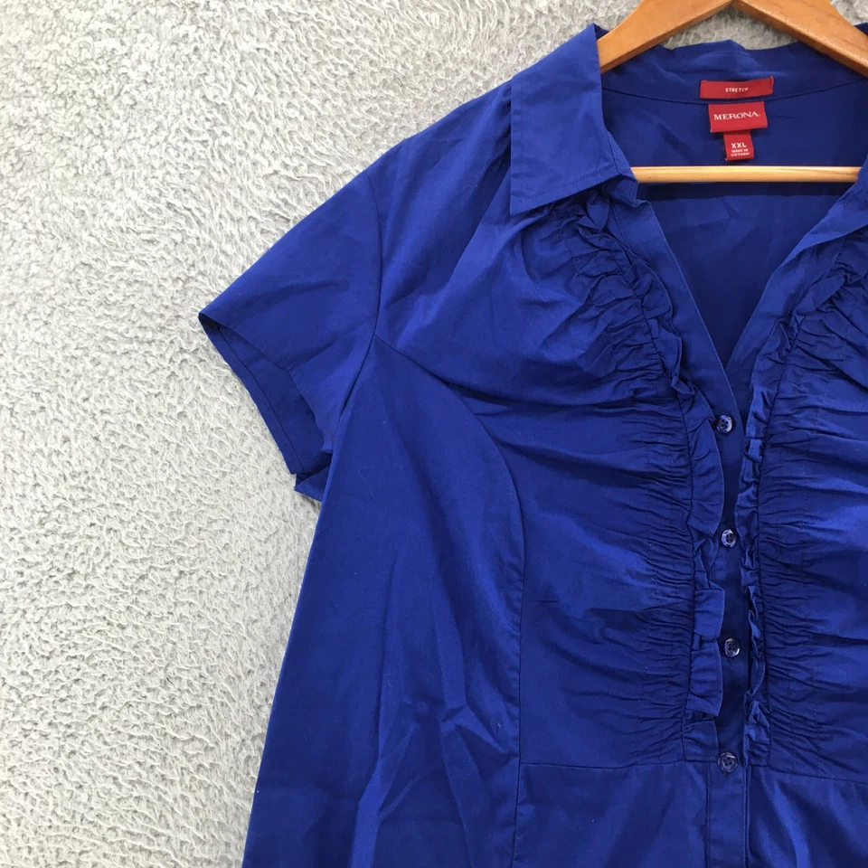 Blusa Top Merona Abotonada Mujer XXL Azul Mezcla Algodón Elastizada Plisada Frontal Foto 3 de 4