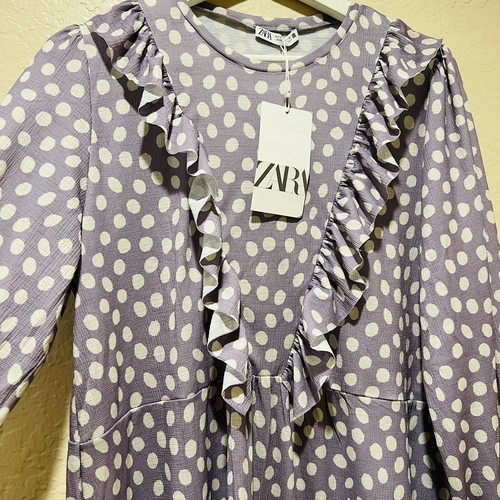 ZARA Polka Dot Lavender Victorian Ruffles MIDI dress NWT Long Puffy Sleeve Sm - Picture 5 of 6