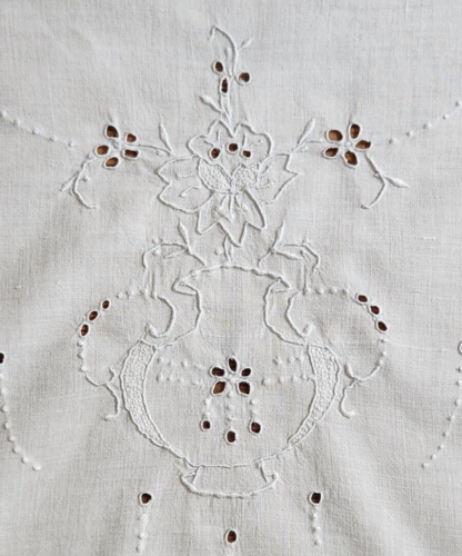 Vintage Hand Embroidered Urn Vase & Flowers w/ Cutwork 42" Cotton Runner, White - Picture 1 of 11
